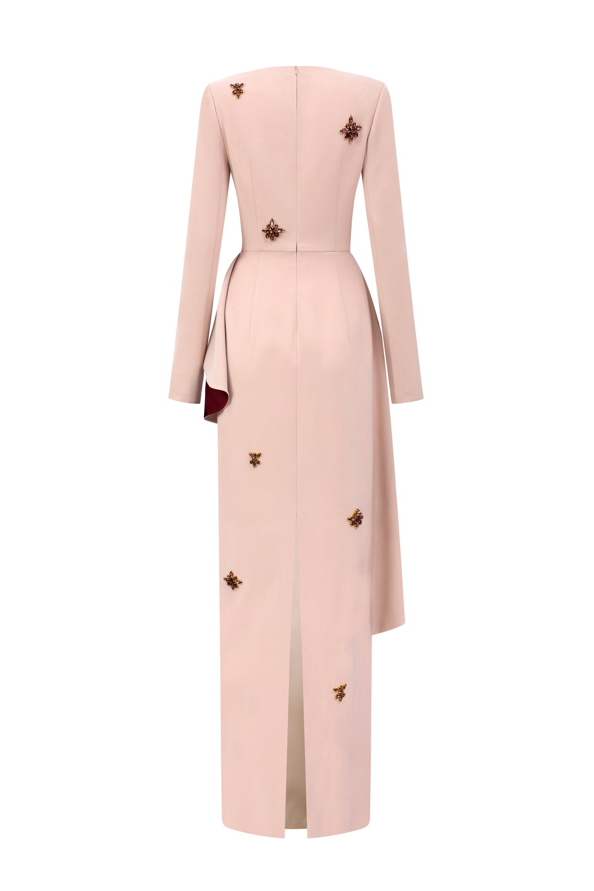 Beige Crepe Trapeze-Neck Tie Dress With Diagonal Hip Drape | I.H.F ATELIER