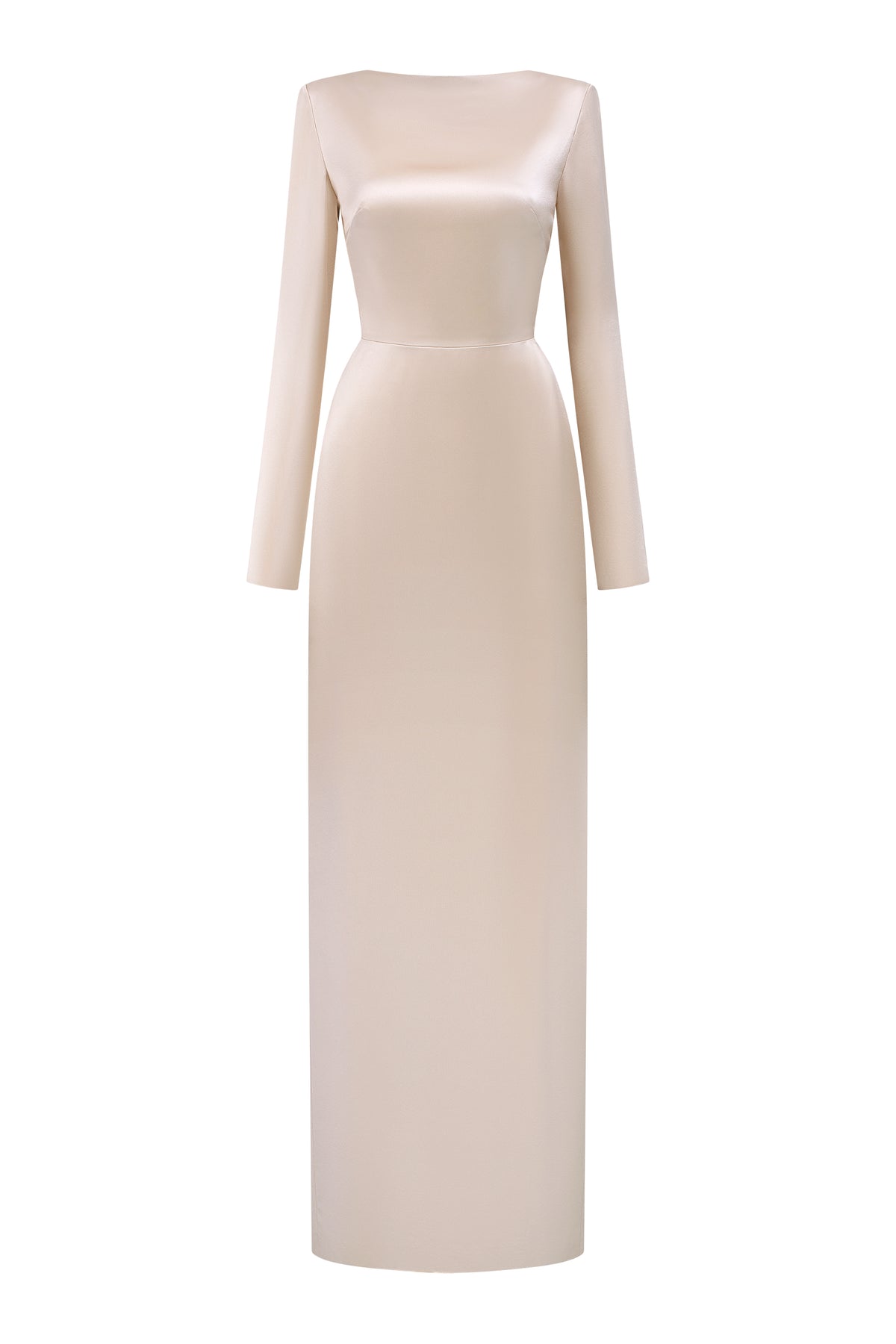 Beige Long-Sleeve Satin Silk Dress With A Draped Back Neckline And Tie Detail | I.H.F ATELIER