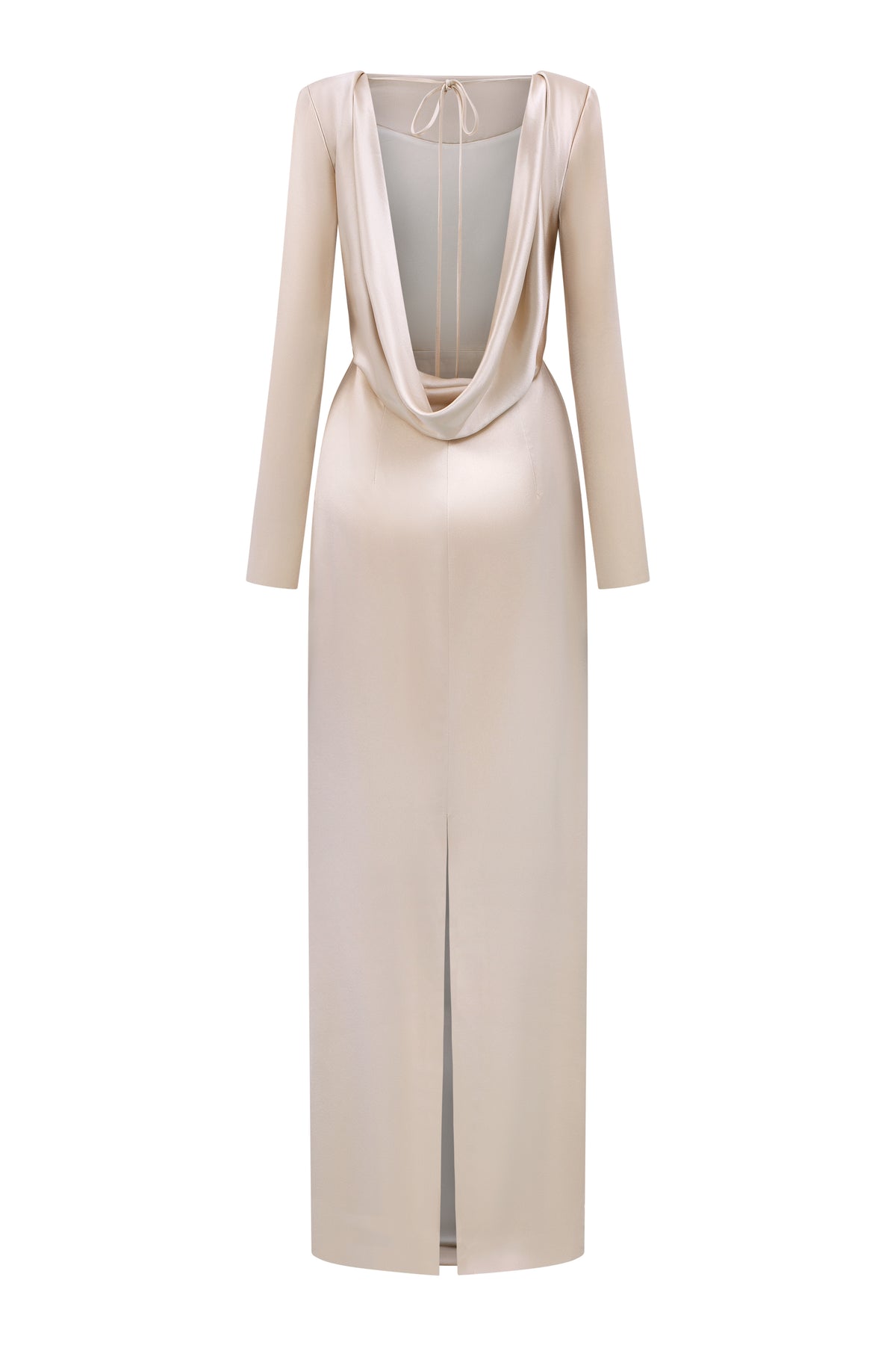 Beige Long-Sleeve Satin Silk Dress With A Draped Back Neckline And Tie Detail | I.H.F ATELIER