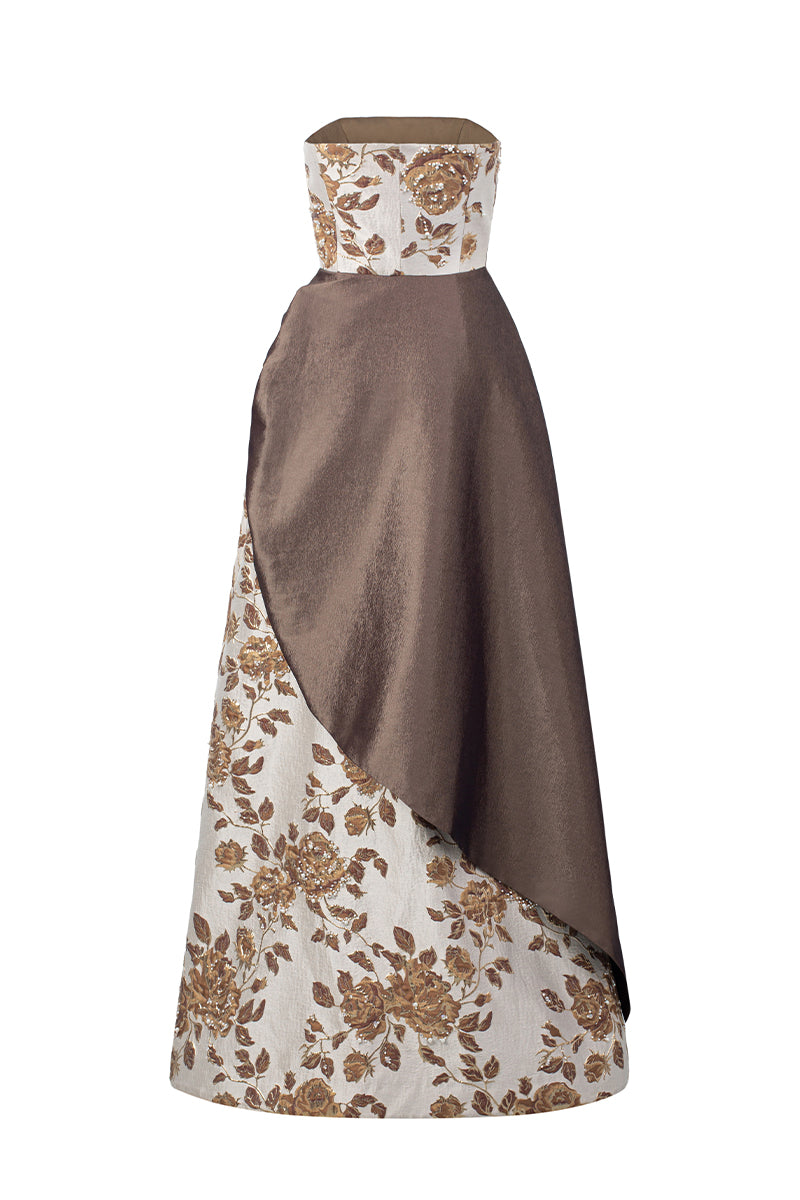 Bustier A-Line Gown With Asymmetric Draped Detail In Brown Rose Branch Brocade & Taffeta | I.H.F ATELIER