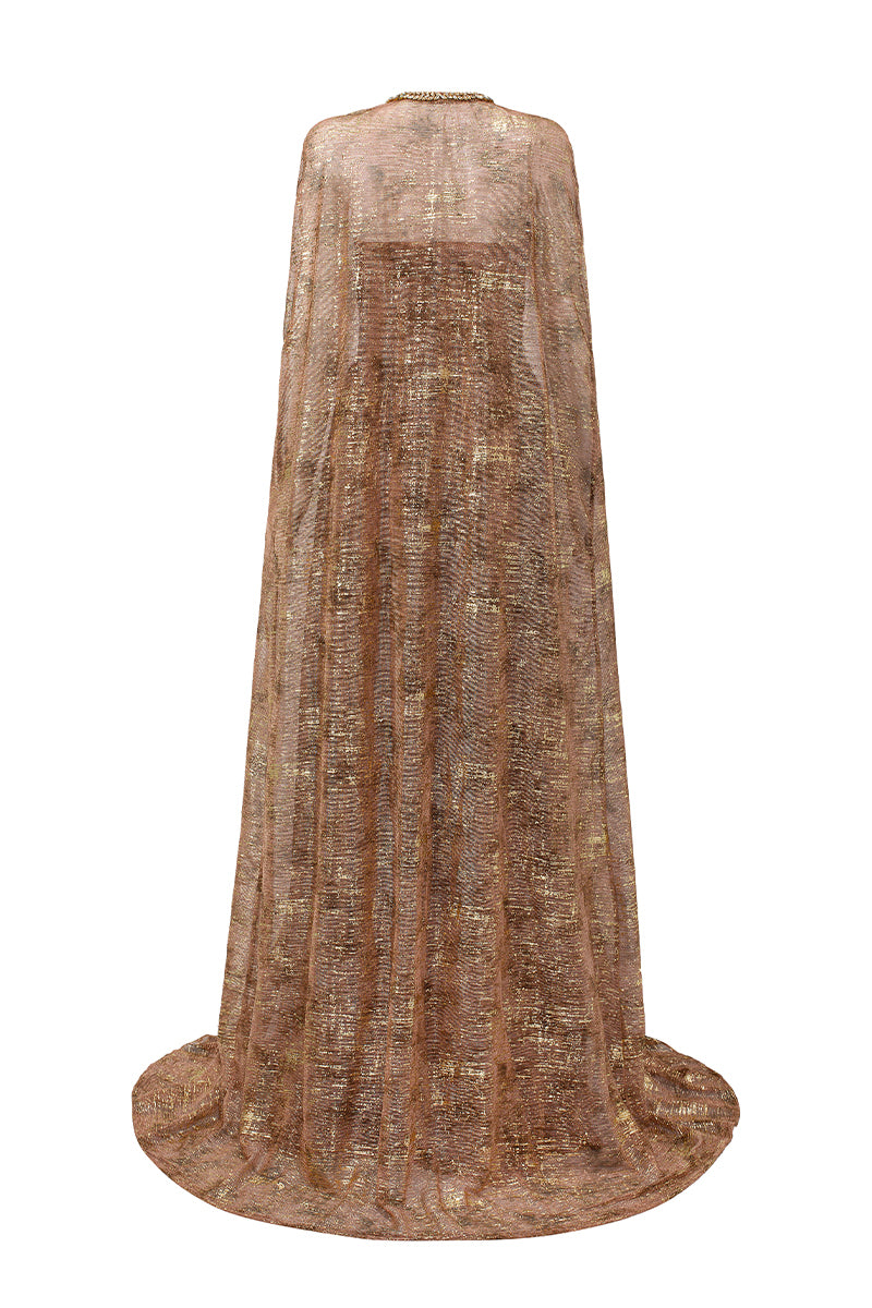 Bustier A-line Gown With Long Cape In Beige Tie-Dyed Golden Chiffon | I.H.F ATELIER