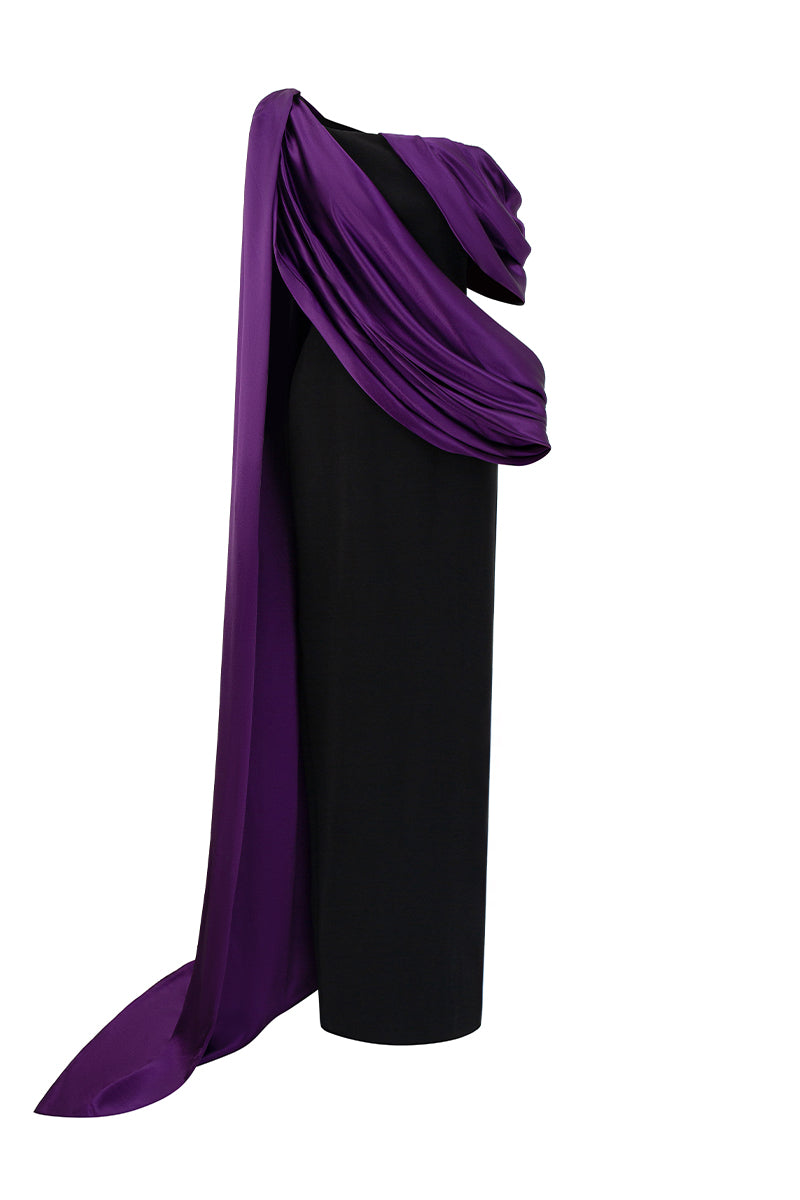 Bustier Column Gown With Asymmetric Draped Details In Black Crepe And Purple Silk | I.H.F ATELIER