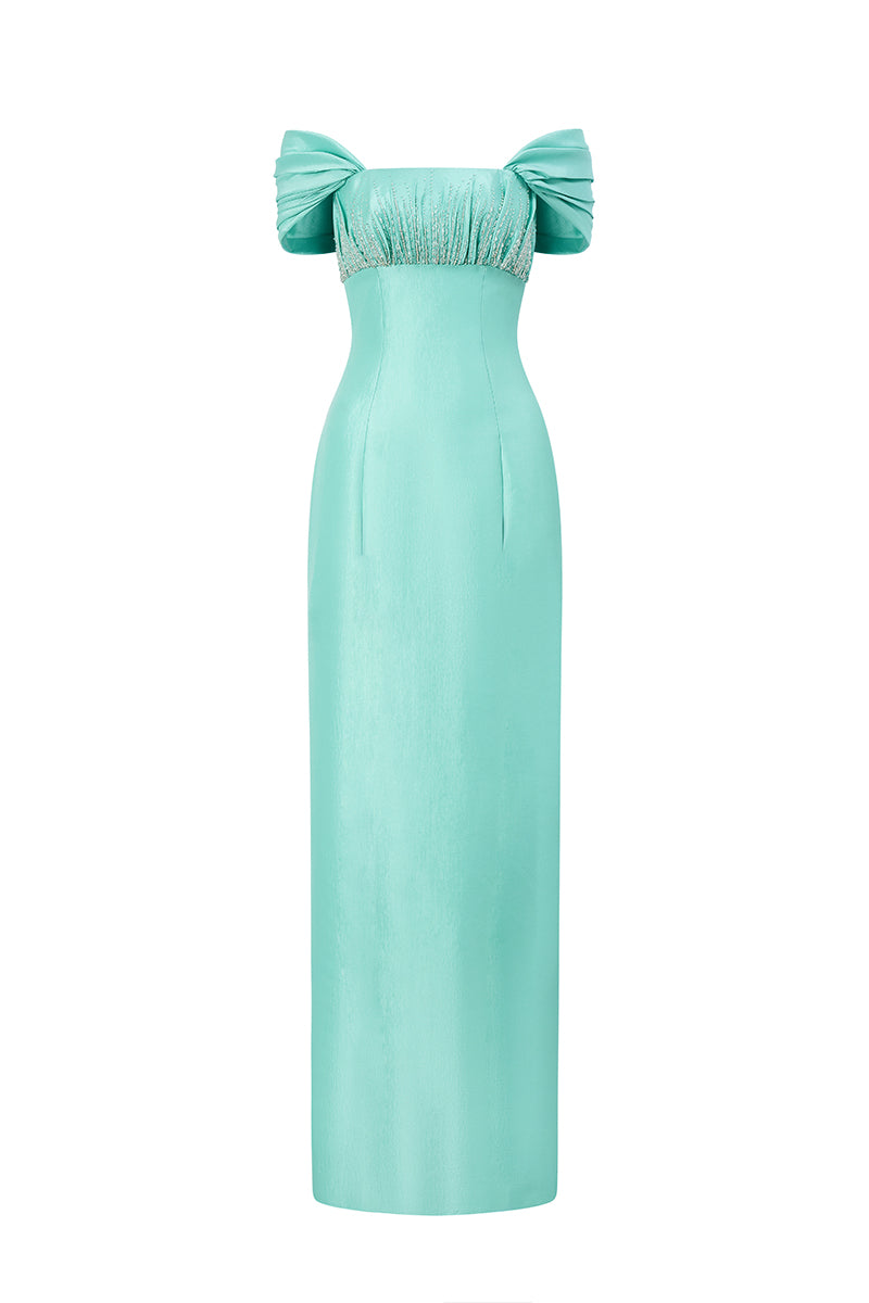 Bustier Column Gown With Draped Off-Shoulder Details In Mint Taffeta | I.H.F ATELIER