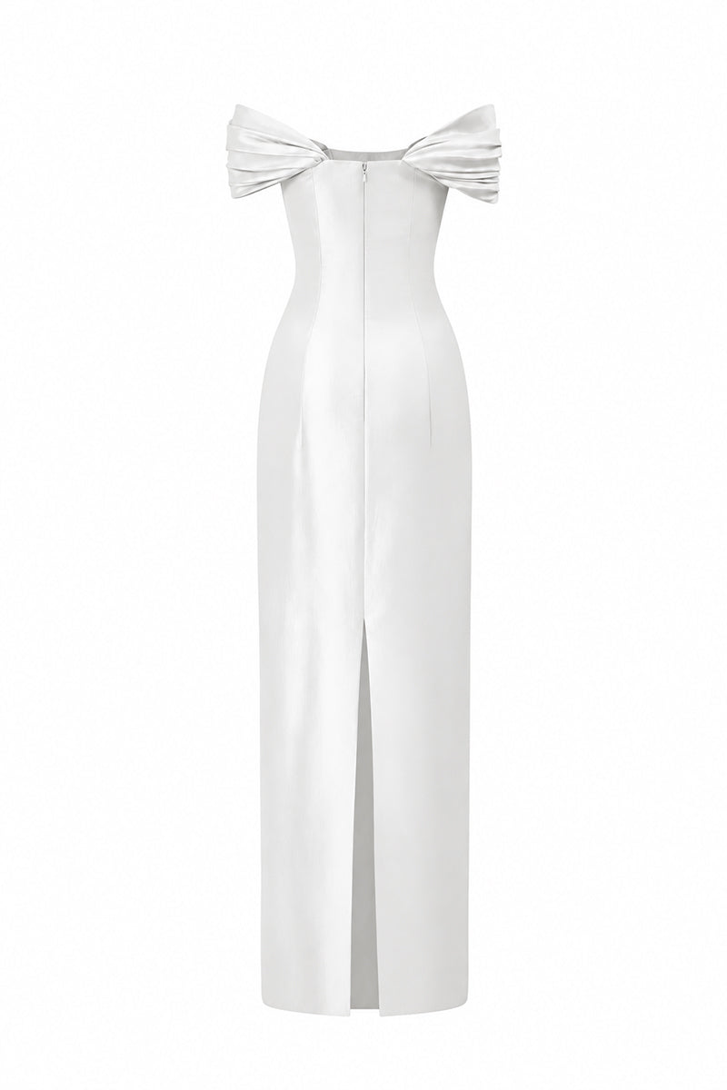 Bustier Column Gown With Draped Off-Shoulder Details In Taffeta | I.H.F ATELIER