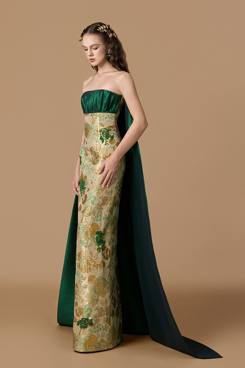Bustier Column Gown With Long Back Train In Green Floral Metallic Jacquard | I.H.F ATELIER