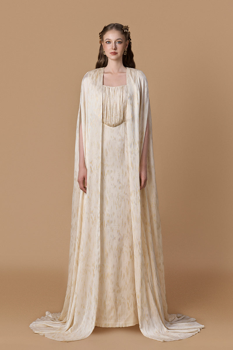 Bustier Column Gown With Long Cape In Ivory Metallic Striped Chiffon | I.H.F ATELIER