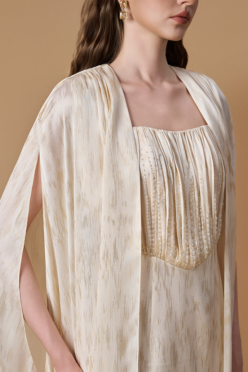 Bustier Column Gown With Long Cape In Ivory Metallic Striped Chiffon | I.H.F ATELIER
