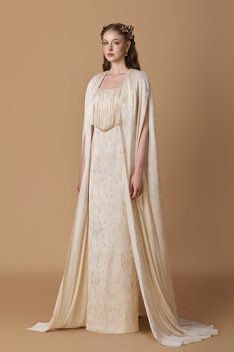 Bustier Column Gown With Long Cape In Ivory Metallic Striped Chiffon | I.H.F ATELIER