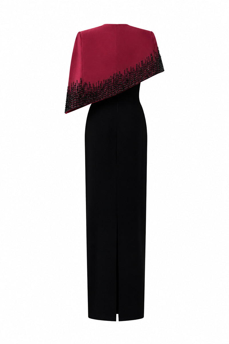 Bustier Column Gown With Mini Cape In Dark Red Taffeta & Black Crepe | I.H.F ATELIER
