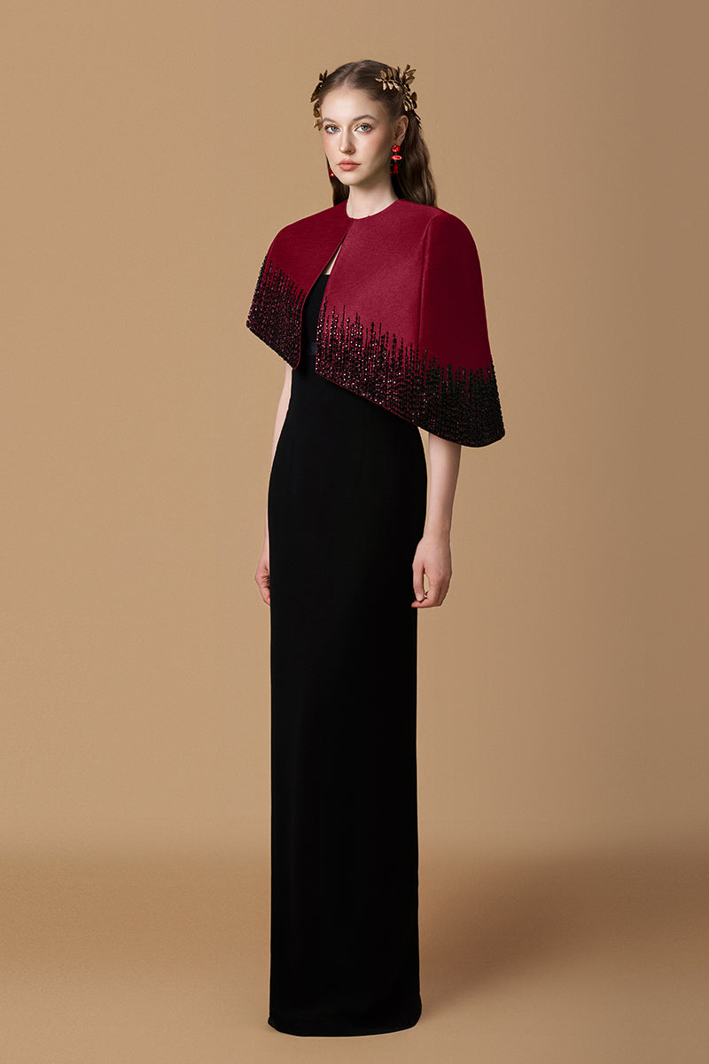 Bustier Column Gown With Mini Cape In Dark Red Taffeta & Black Crepe | I.H.F ATELIER