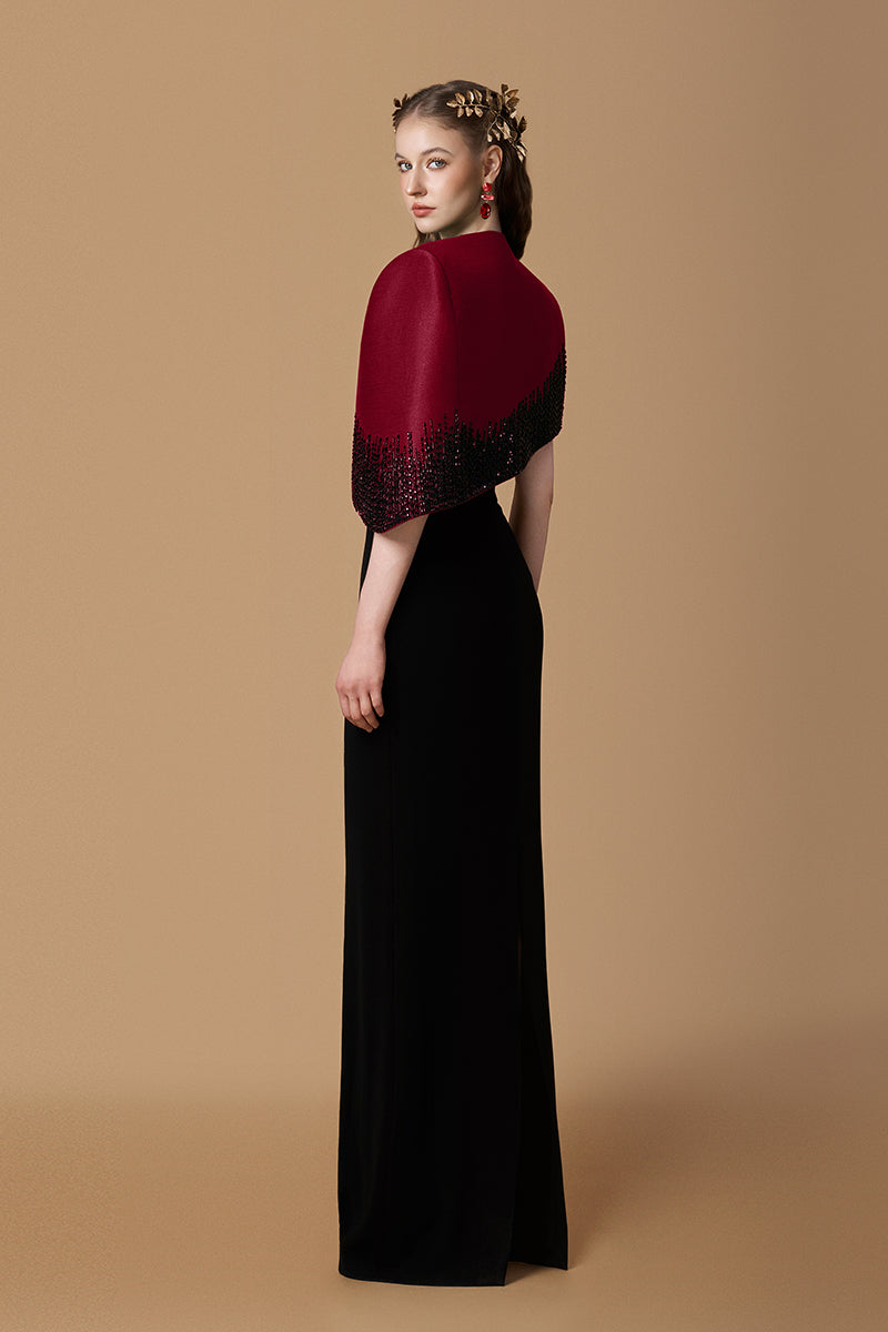 Bustier Column Gown With Mini Cape In Dark Red Taffeta & Black Crepe | I.H.F ATELIER