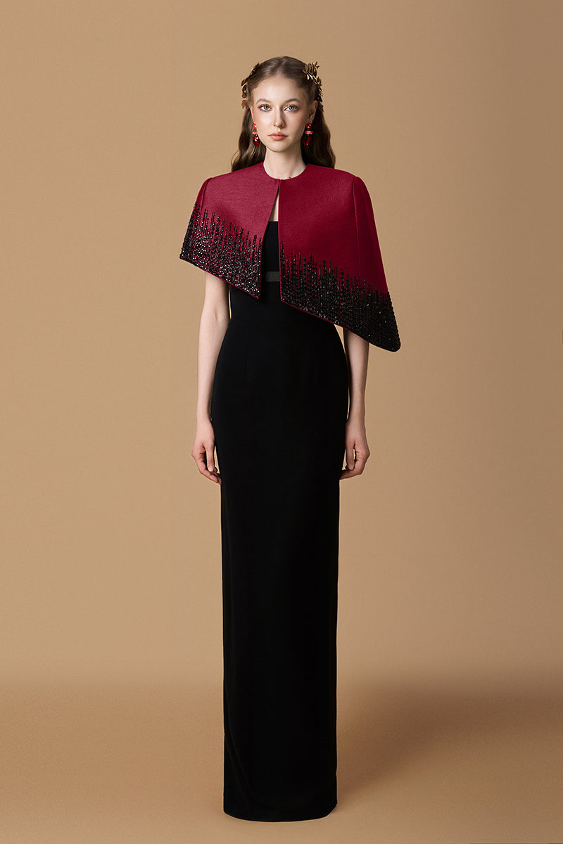 Bustier Column Gown With Mini Cape In Dark Red Taffeta & Black Crepe | I.H.F ATELIER