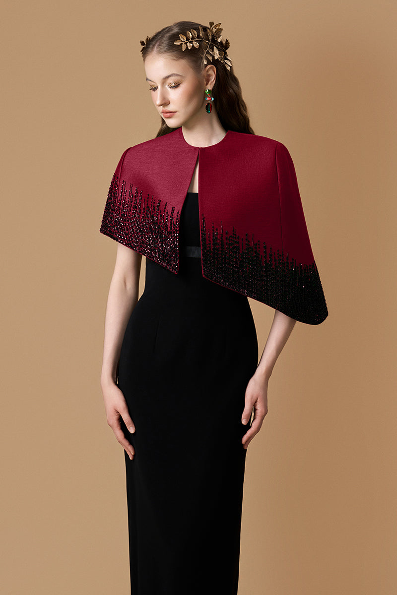 Bustier Column Gown With Mini Cape In Dark Red Taffeta & Black Crepe | I.H.F ATELIER