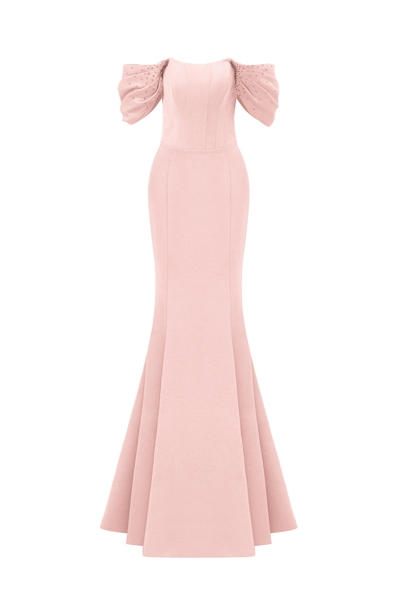 Bustier Mermaid Gown With Off-Shoulder Draped Sleeves | I.H.F ATELIER
