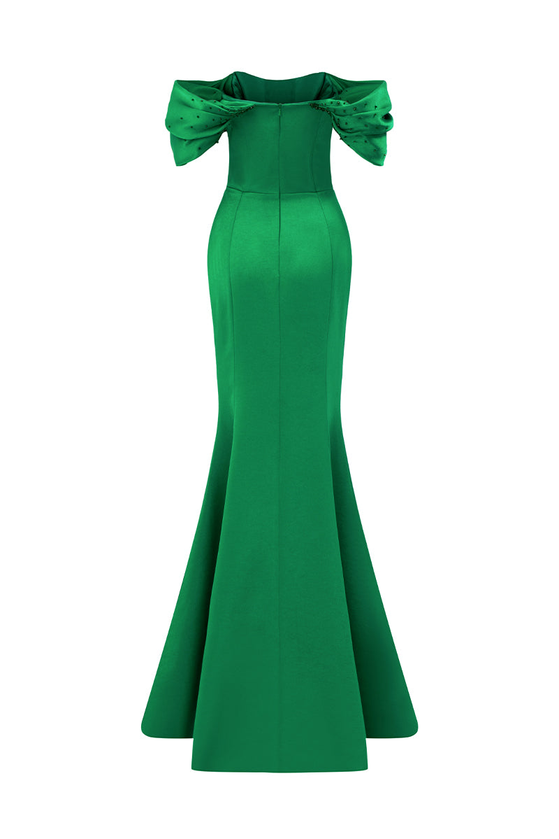 Bustier Mermaid Gown With Off-Shoulder Draped Sleeves | I.H.F ATELIER