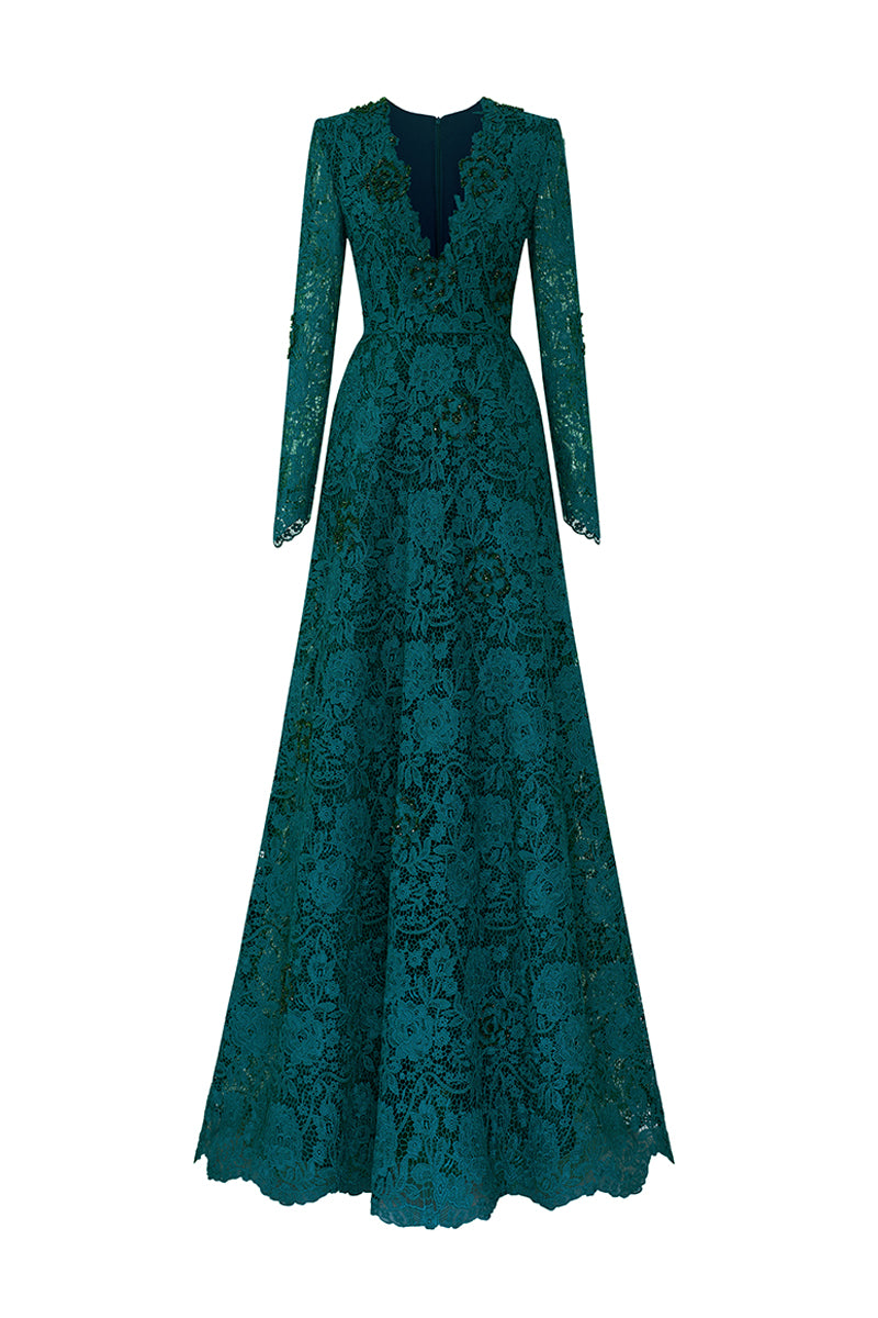 Cobalt V-Neck A-Line Gown With Long Sleeves | I.H.F ATELIER
