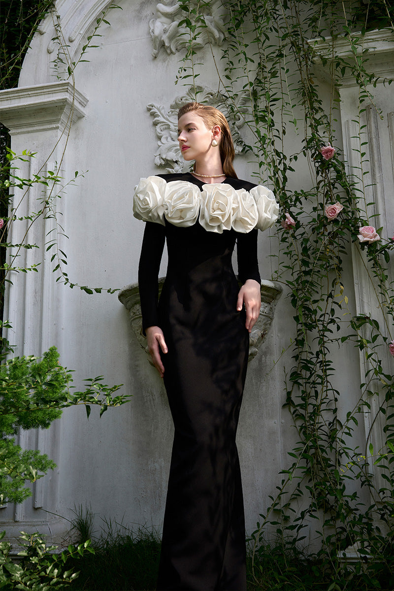Column Evening Gown With Draped Roses On Chest-Line | I.H.F ATELIER