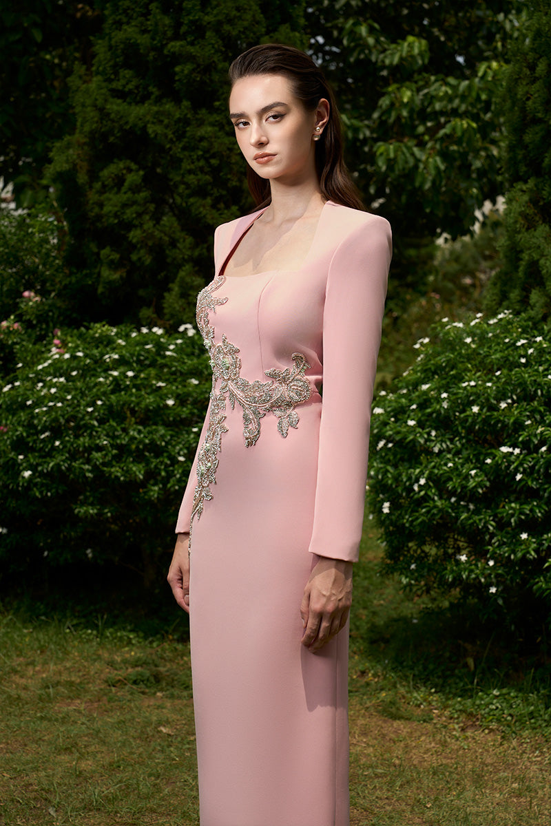 Column Evening Gown With Trapeze Neckline And Long Sleeves | I.H.F ATELIER
