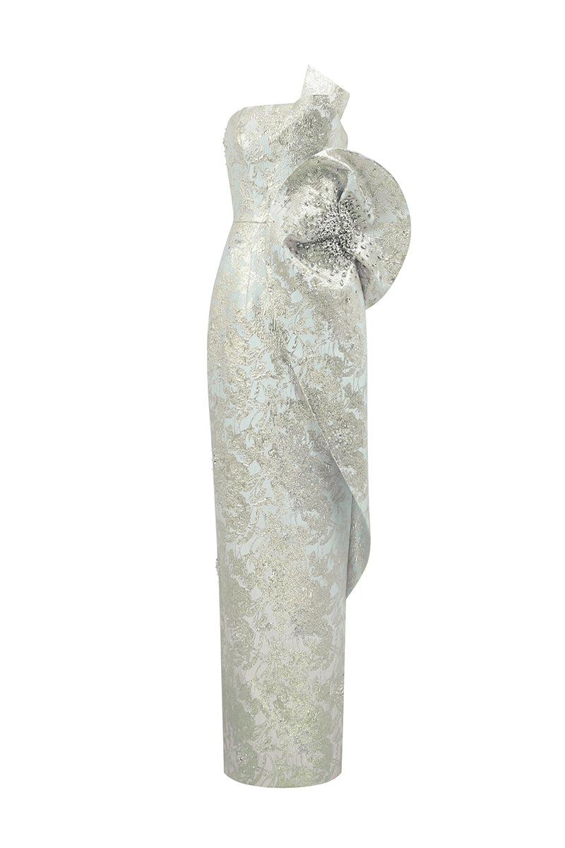 Dipped Dress With Waist Draped Detail In Jacquard | I.H.F ATELIER