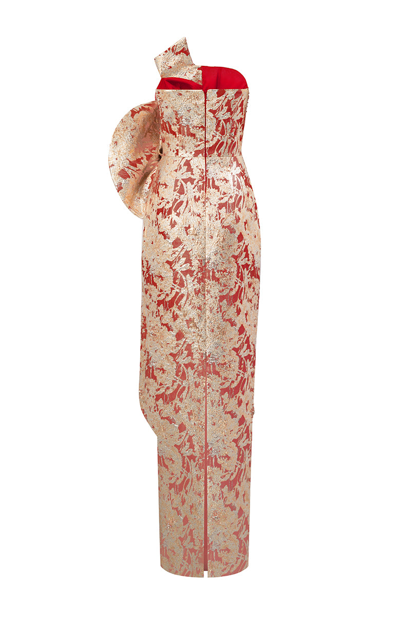 Dipped Dress With Waist Draped Detail In Jacquard | I.H.F ATELIER