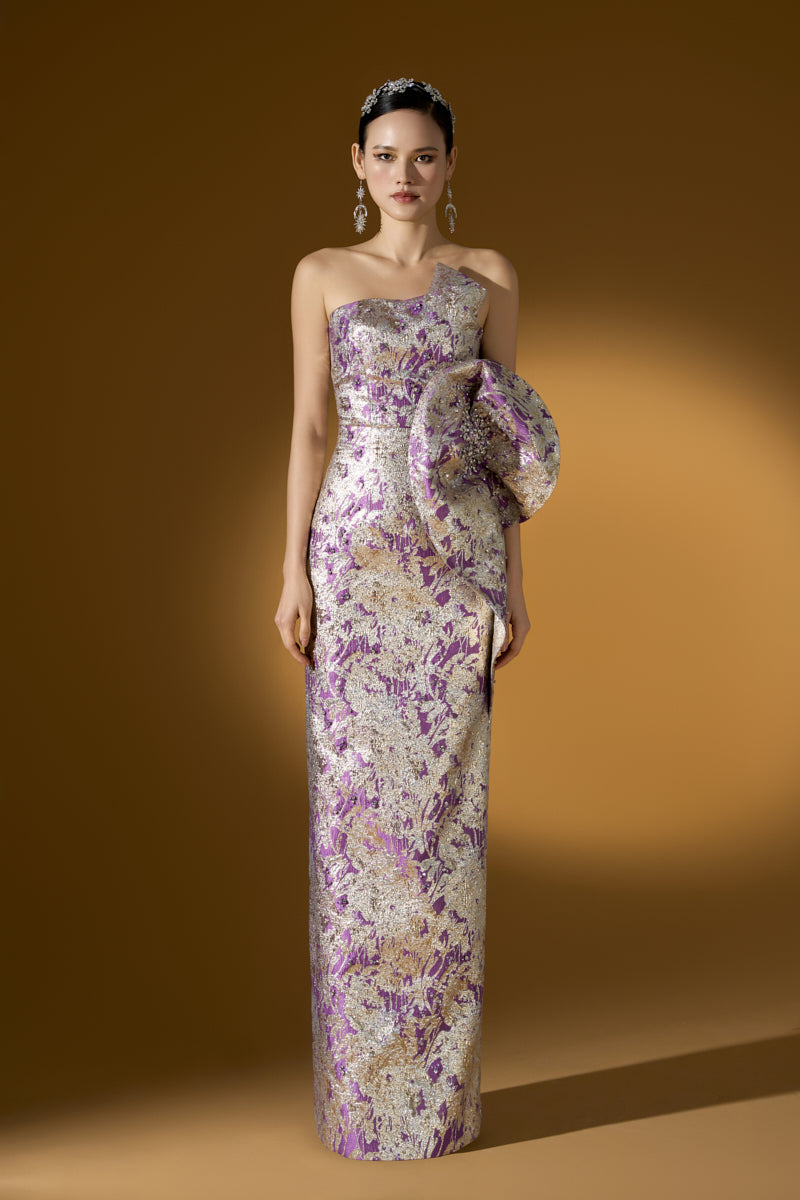 Dipped Dress With Waist Draped Detail In Jacquard | I.H.F ATELIER