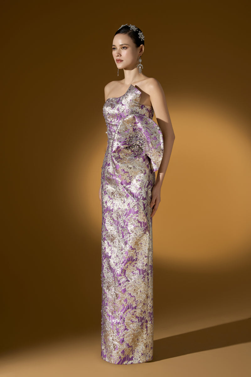 Dipped Dress With Waist Draped Detail In Jacquard | I.H.F ATELIER