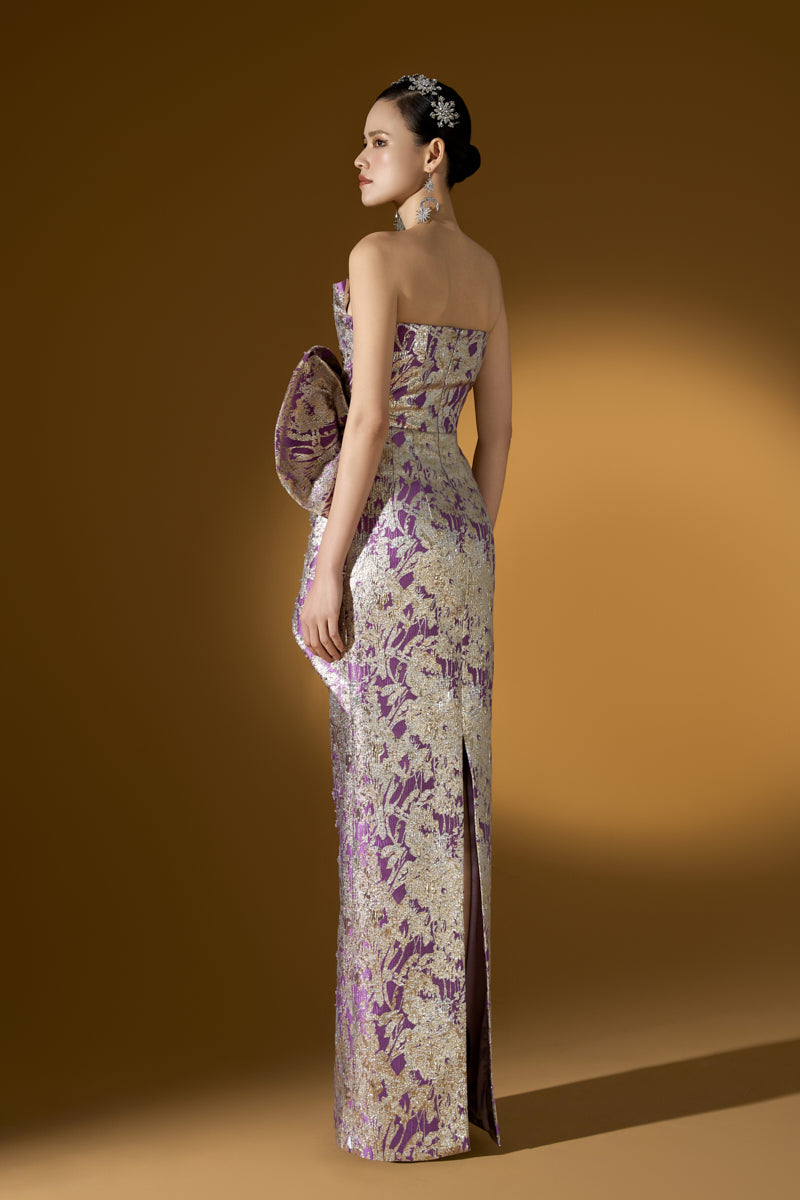 Dipped Dress With Waist Draped Detail In Jacquard | I.H.F ATELIER