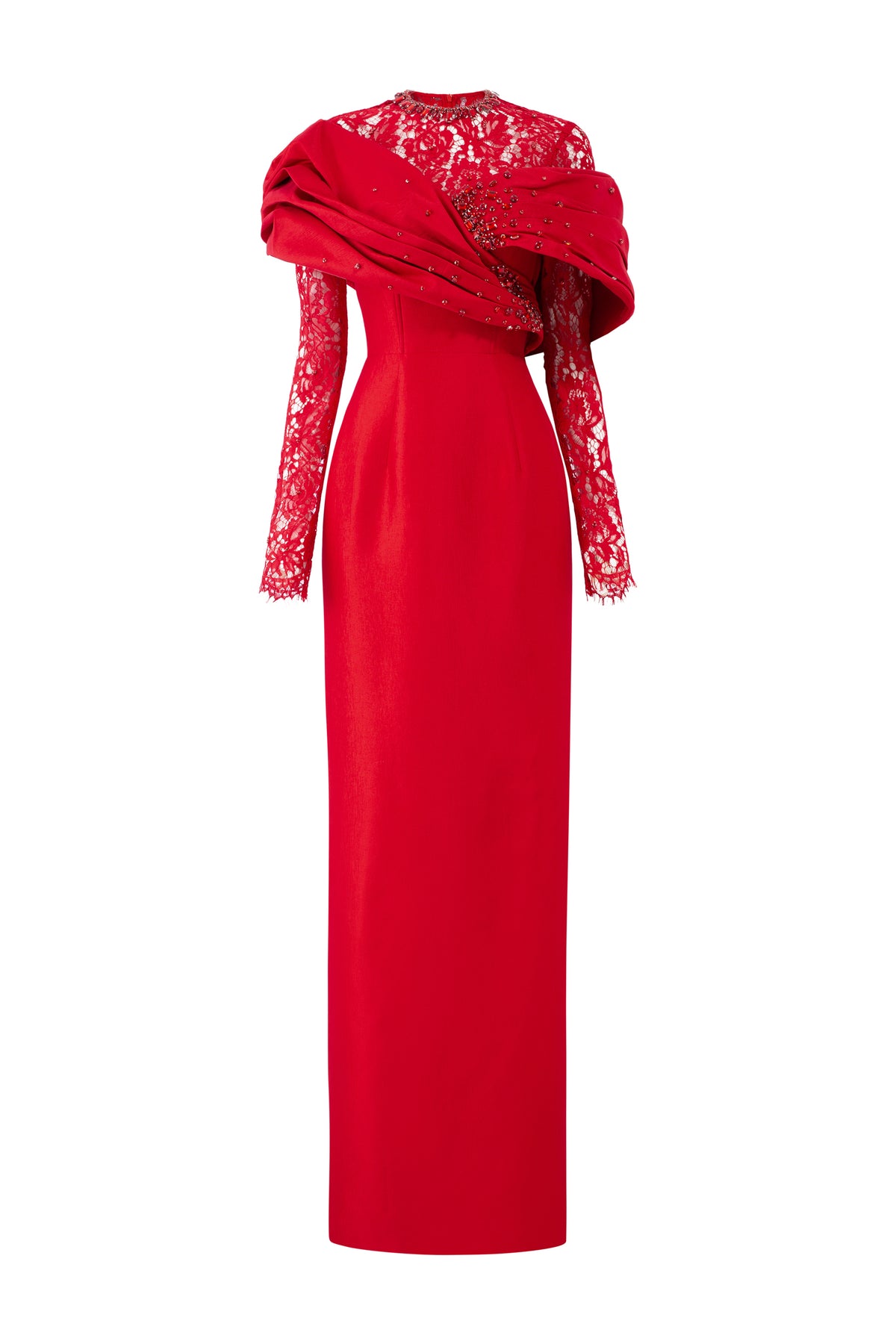 Draped Shoulder Taffeta Gown With Long Lace Sleeves | I.H.F ATELIER