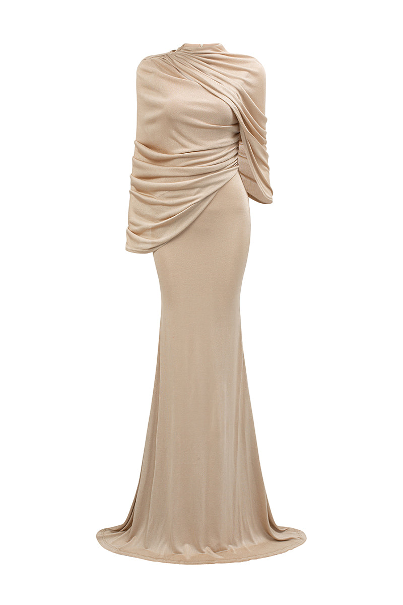 Floor-length Mermaid Gown With Cascading Shoulder Drape | I.H.F ATELIER
