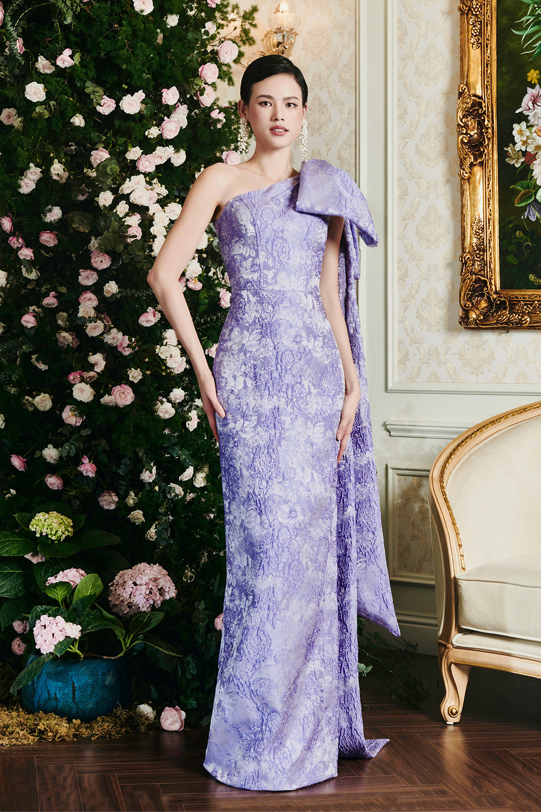 Lavender One-bow Shoulder Rose Jacquard Sheath Dress | I.H.F ATELIER