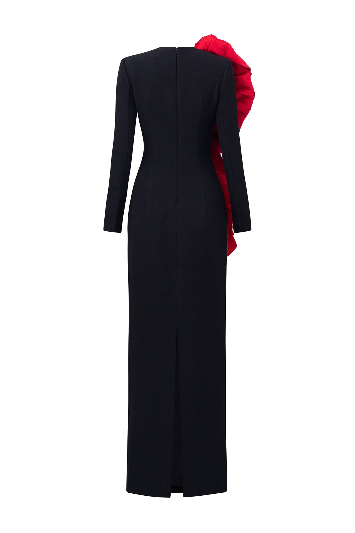 Long Sleeves Black Scuba Gown With Draped Red Roses Detail | I.H.F ATELIER