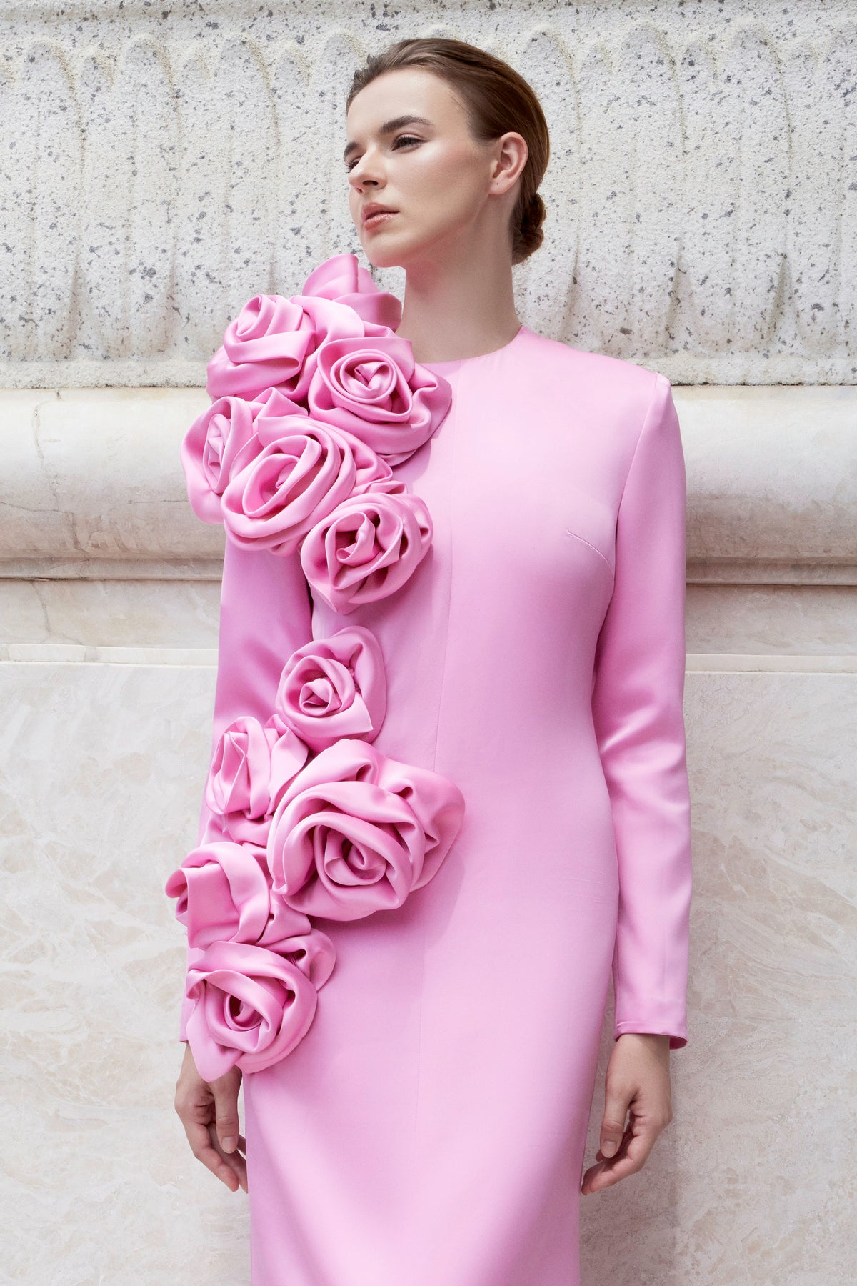 Long Sleeves Dress With Draped Roses Details | I.H.F ATELIER