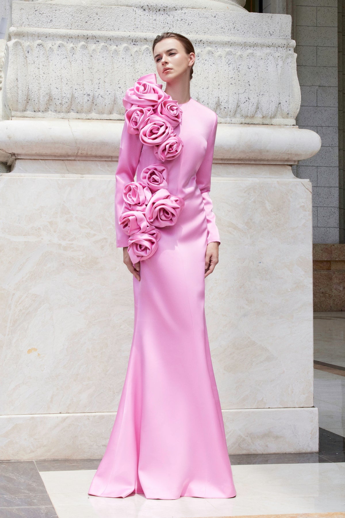 Long Sleeves Dress With Draped Roses Details | I.H.F ATELIER