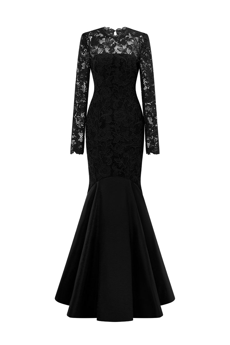 Long Sleeves Mermaid Gown With Pleated Hem | I.H.F ATELIER