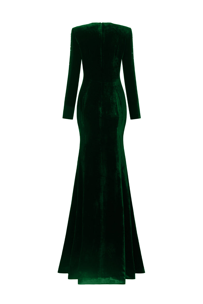 Long Sleeves Mermaid Gown With Round Neck And Embellished Crystals | I.H.F ATELIER
