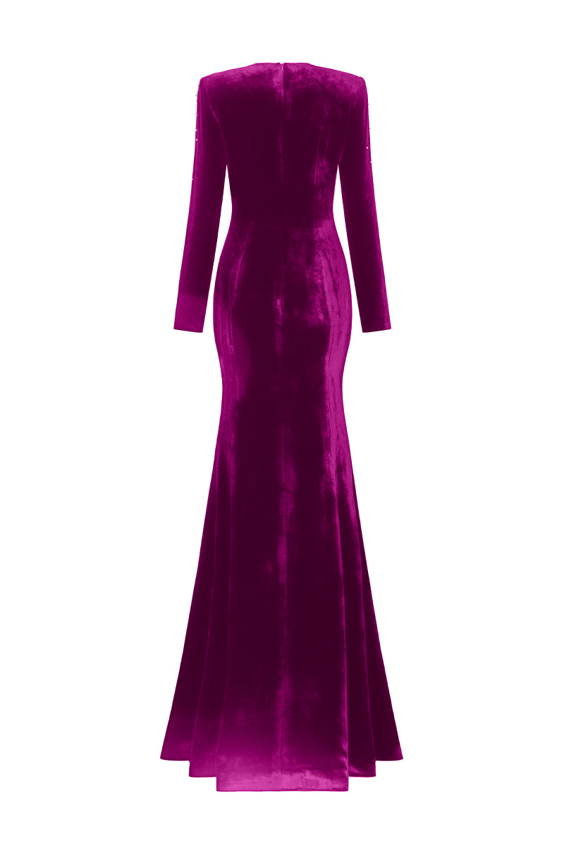 Long Sleeves Mermaid Gown With Round Neck And Embellished Crystals | I.H.F ATELIER