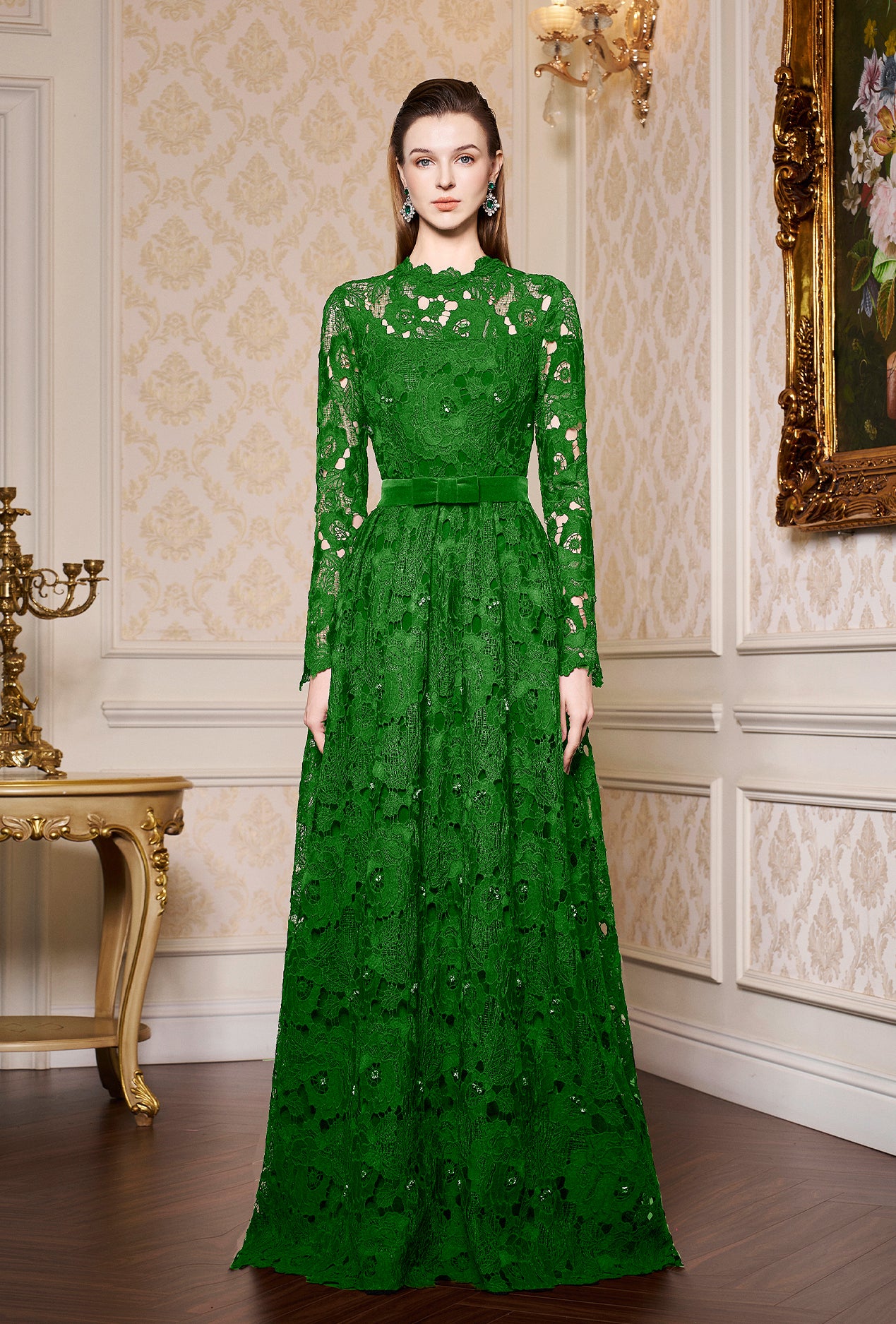 Green Pleated Lace and Velvet Gown