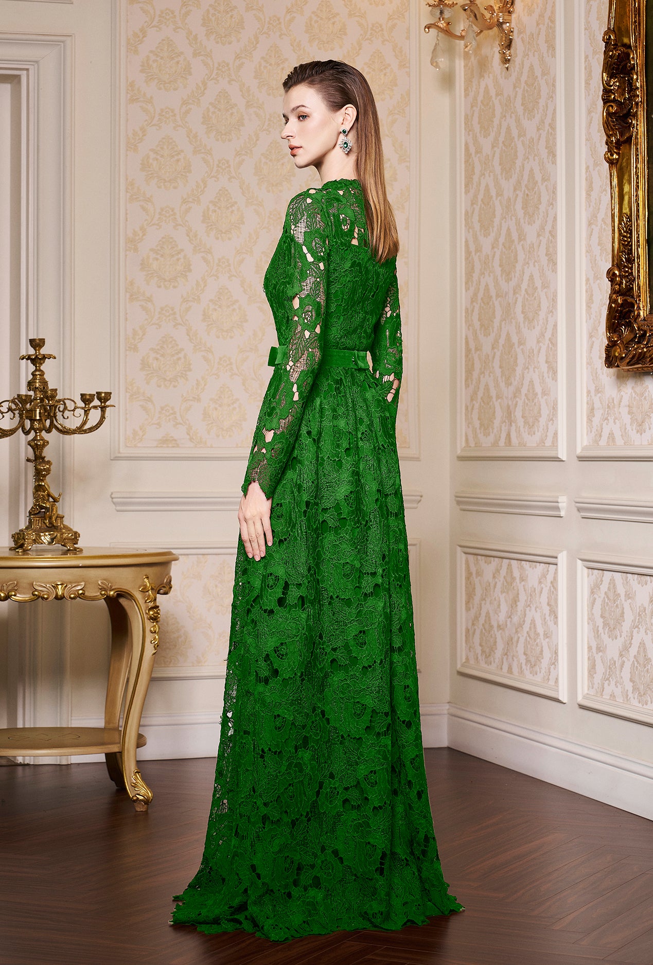 Green Pleated Lace and Velvet Gown