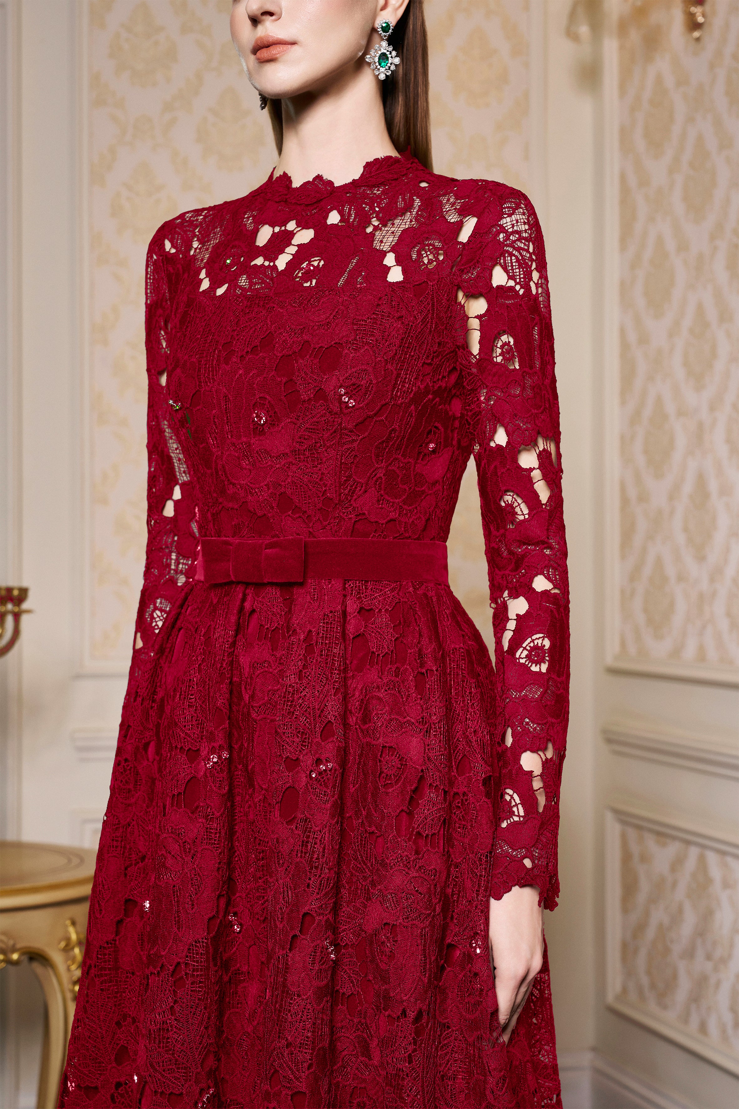 Pleated Lace and Velvet Gown