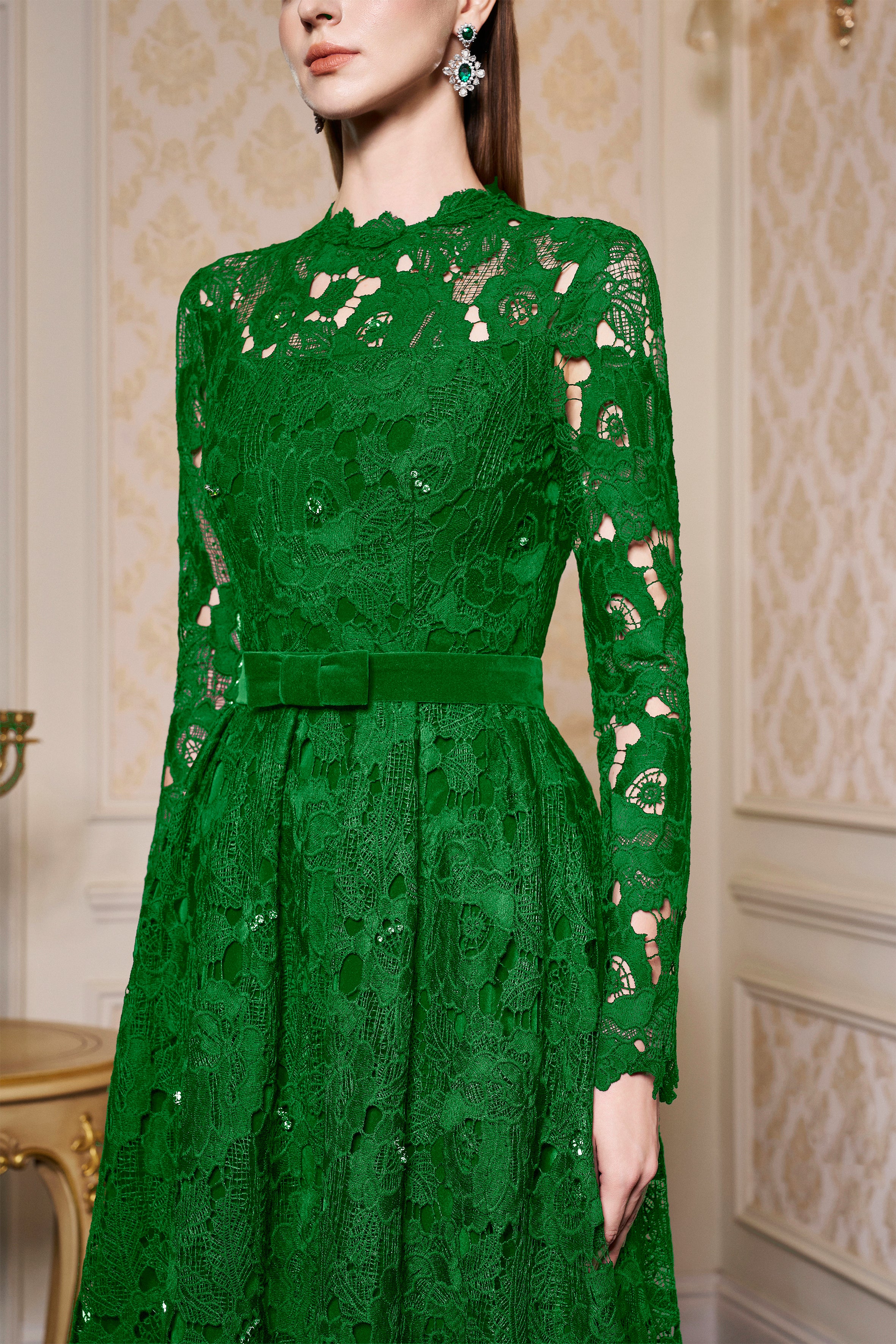 Green Pleated Lace and Velvet Gown