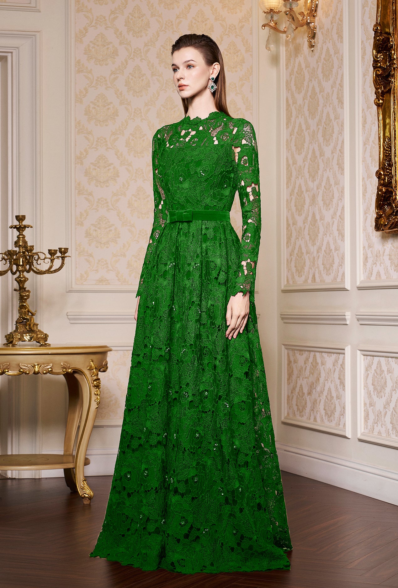 Green Pleated Lace and Velvet Gown