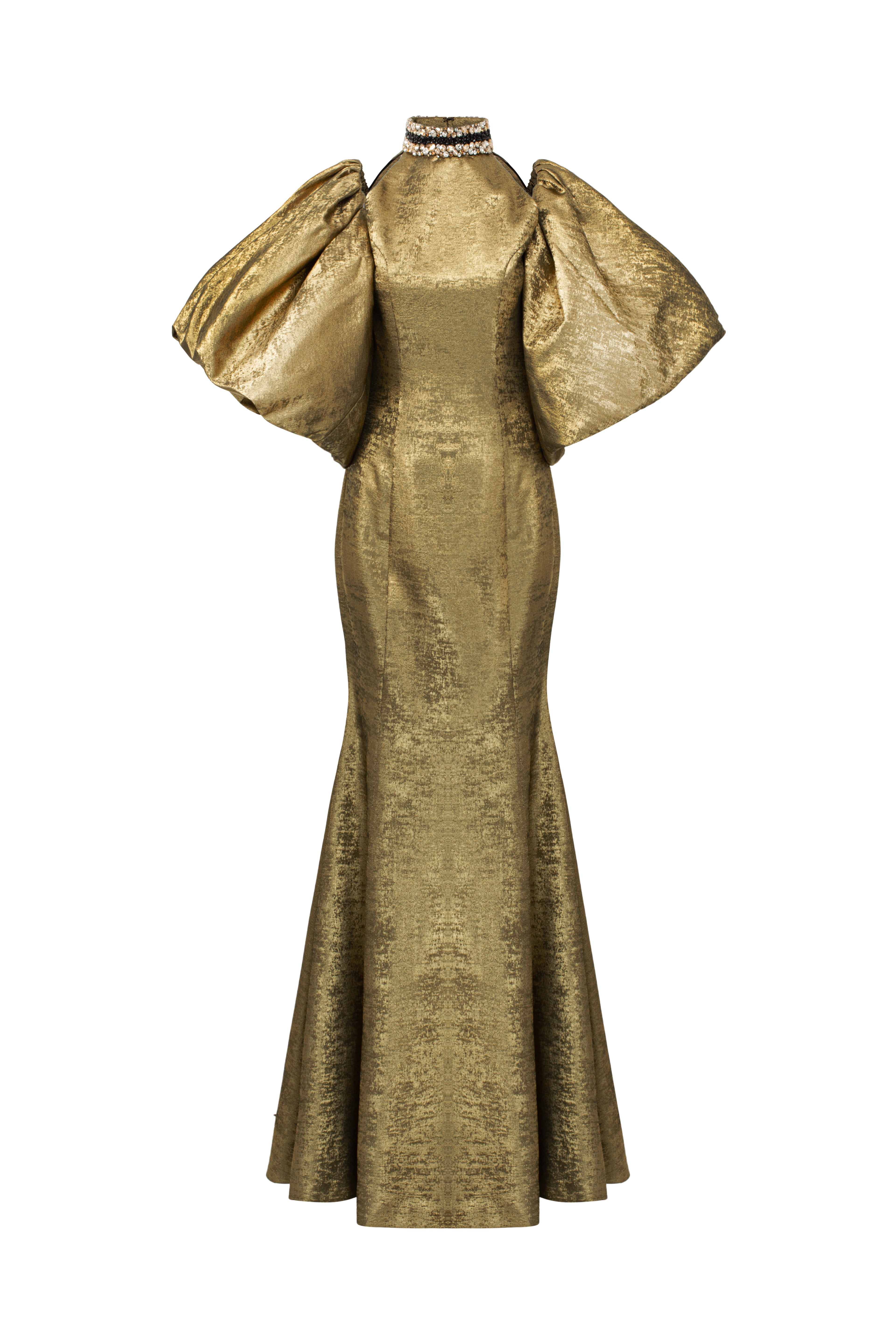 Turtleneck Collar Mermaid Gown With Puff Sleeves