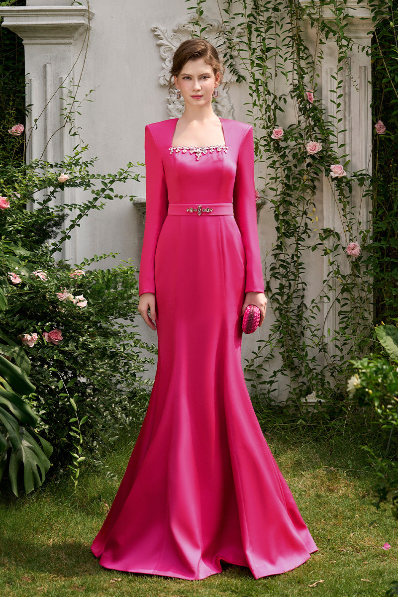 Mermaid Evening Gown With Trapeze Neckline And Long Sleeves | I.H.F ATELIER