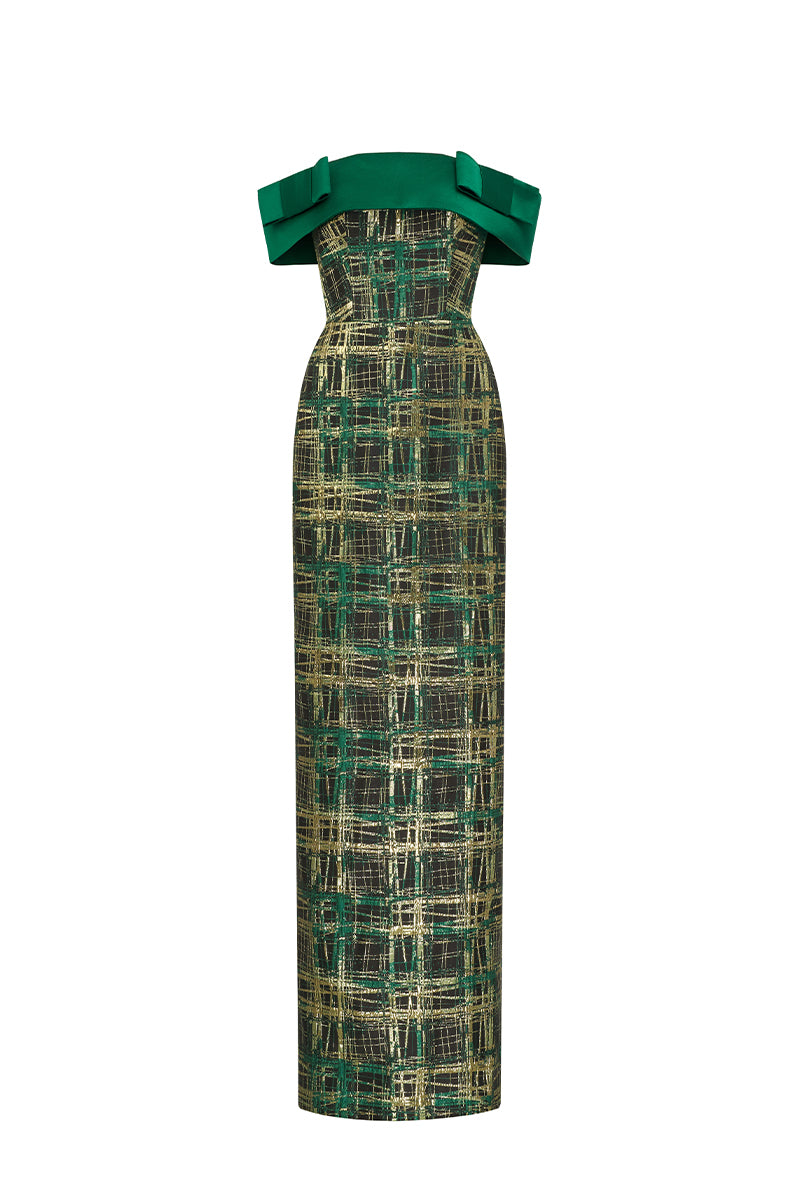 Off-Shoulder Column Gown With Symmetric Bows In Jacquard And Satin Silk | I.H.F ATELIER