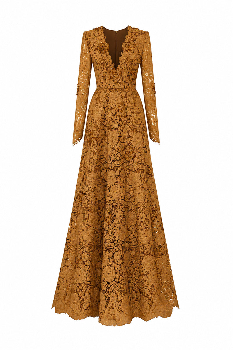 Orange V-Neck A-Line Gown With Long Sleeves | I.H.F ATELIER