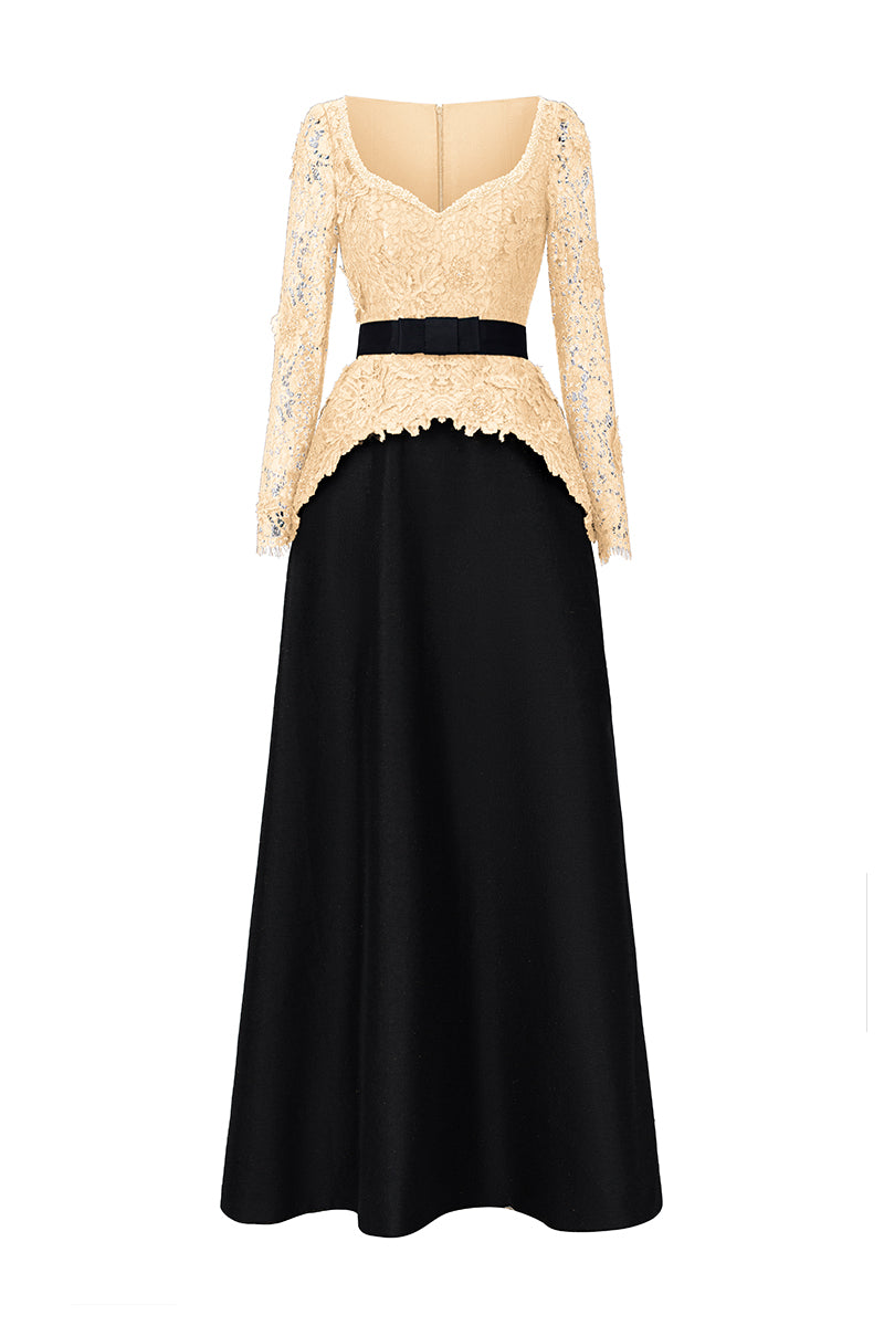 Queen Anne Neck A-Line Gown In Beige French Lace & Black Taffeta | I.H.F ATELIER