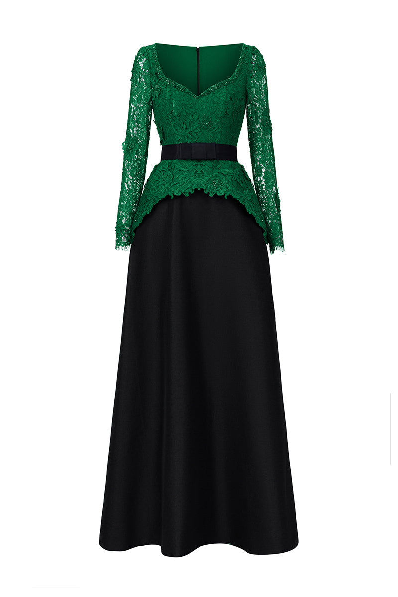 Queen Anne Neck A-Line Gown In Dark Green French Lace & Black Taffeta | I.H.F ATELIER