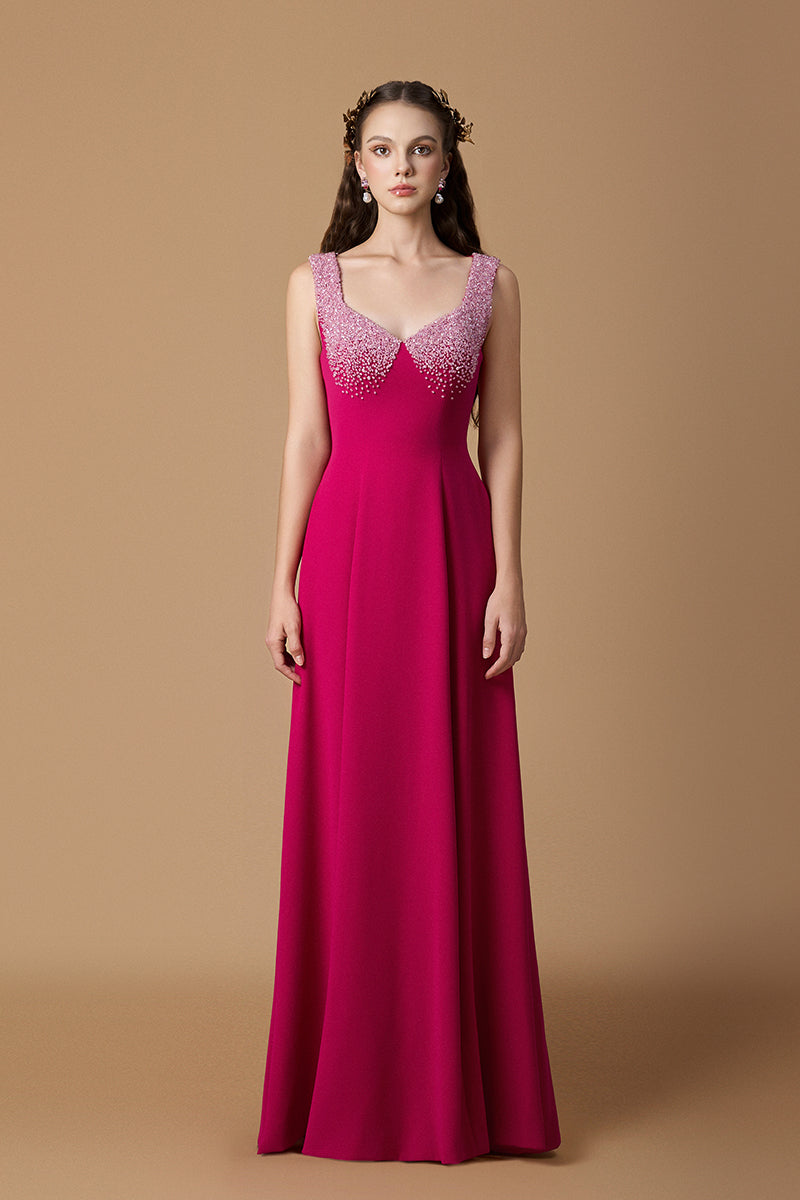 Queen Anne Neck A-Line Gown In Pink Crepe | I.H.F ATELIER