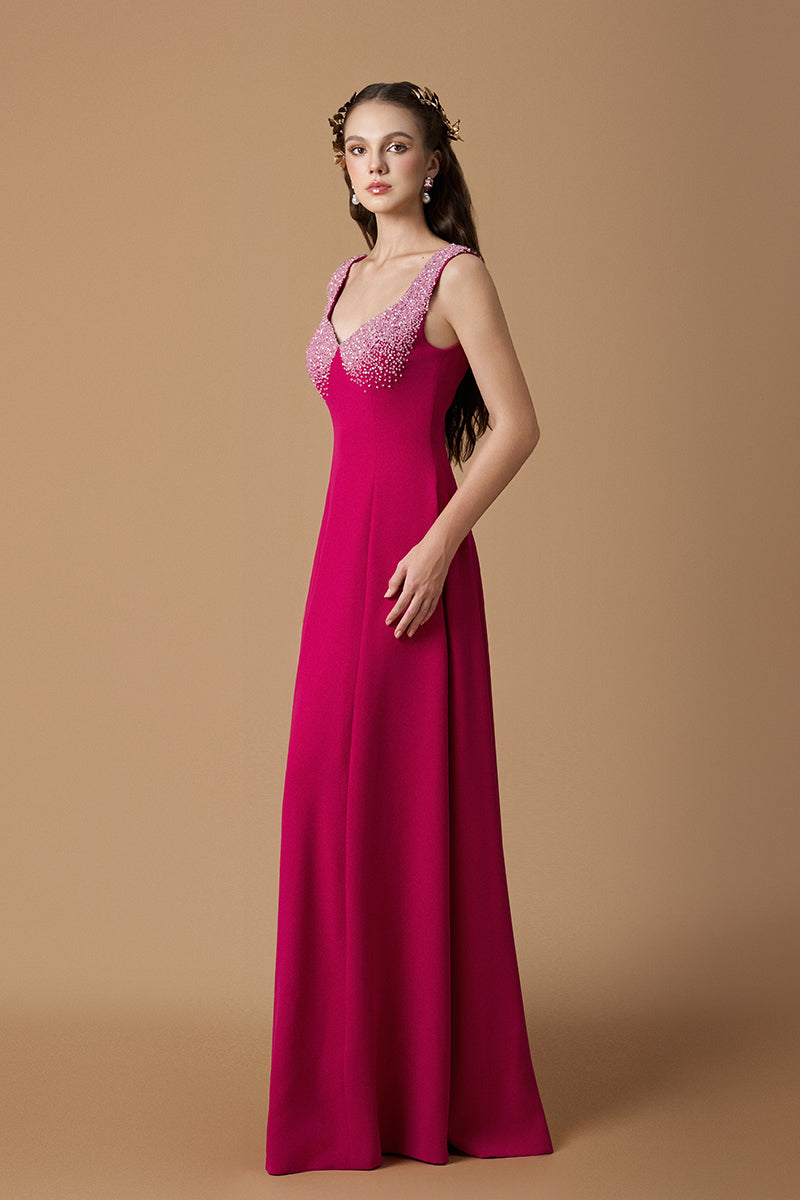 Queen Anne Neck A-Line Gown In Pink Crepe | I.H.F ATELIER