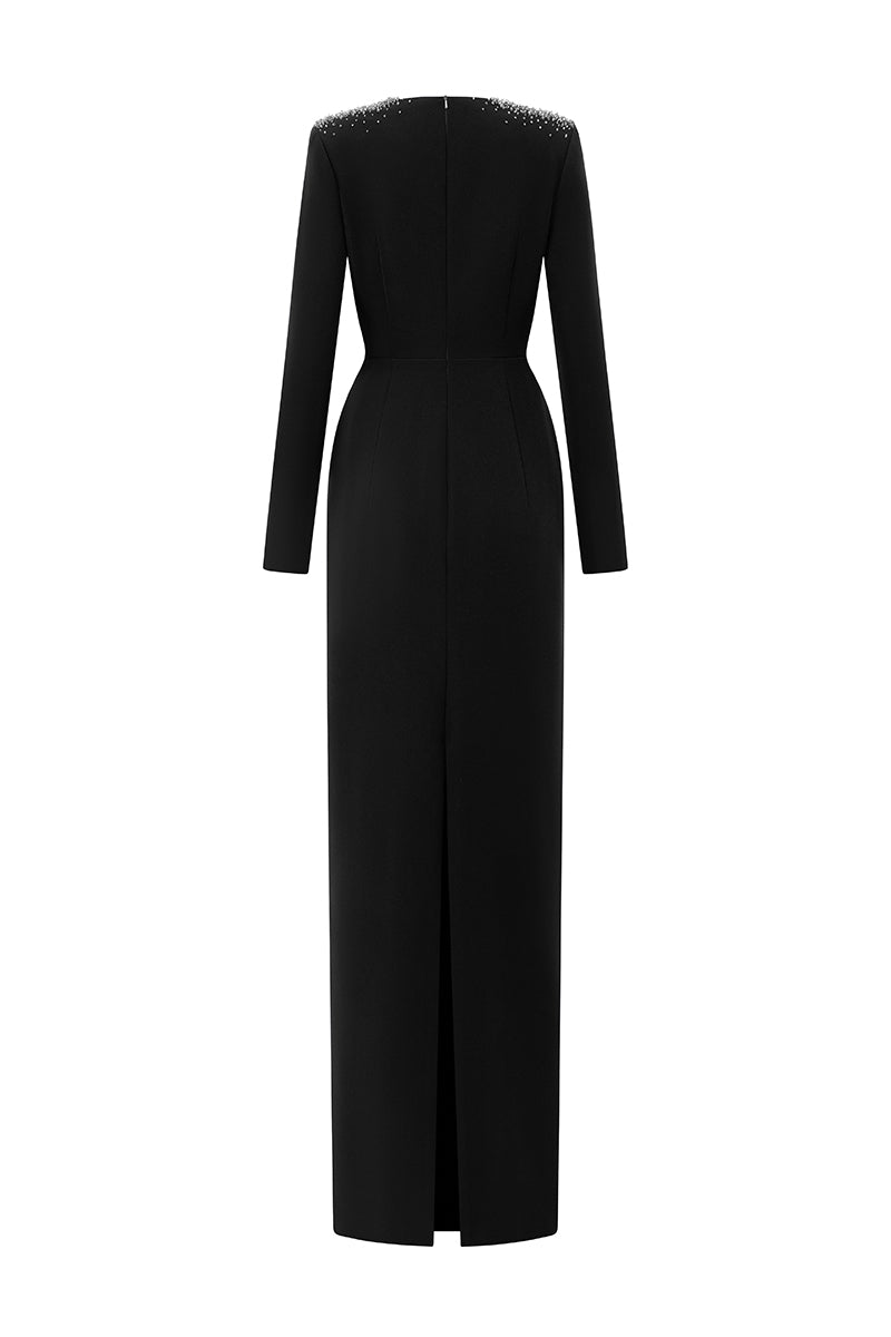 Queen Anne Neck Column Gown With Long Sleeves | I.H.F ATELIER